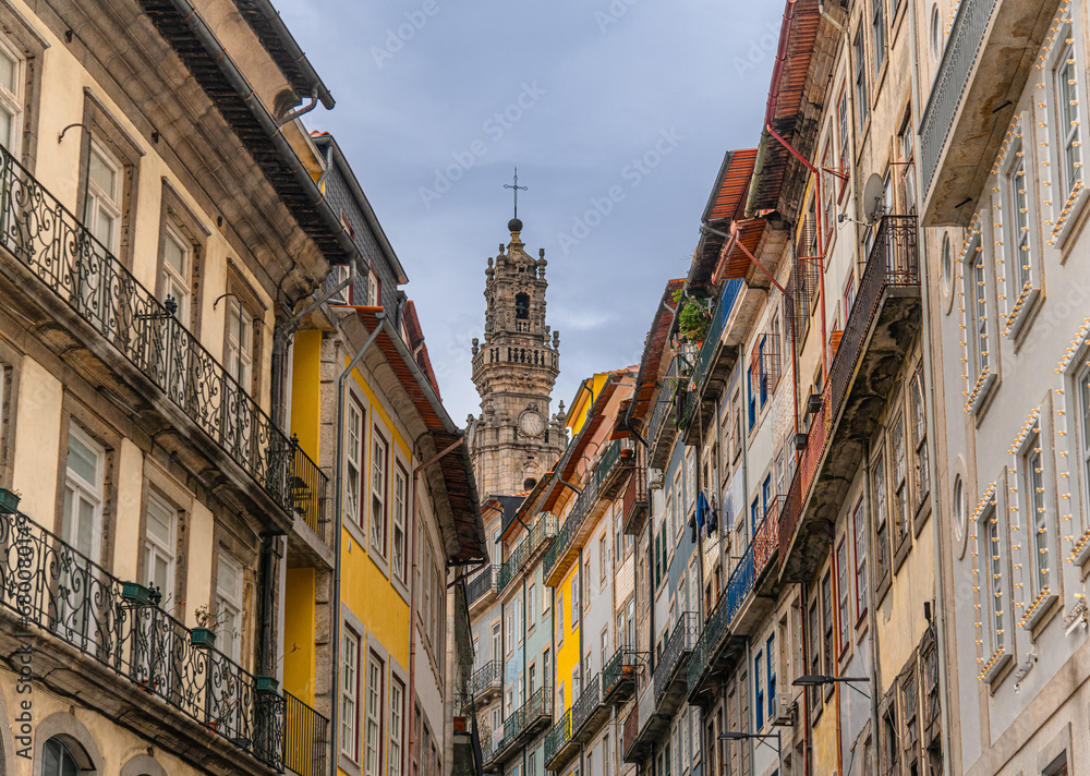 Typical Facades and Clerigos Church Tower in the city of Porto, Portugal