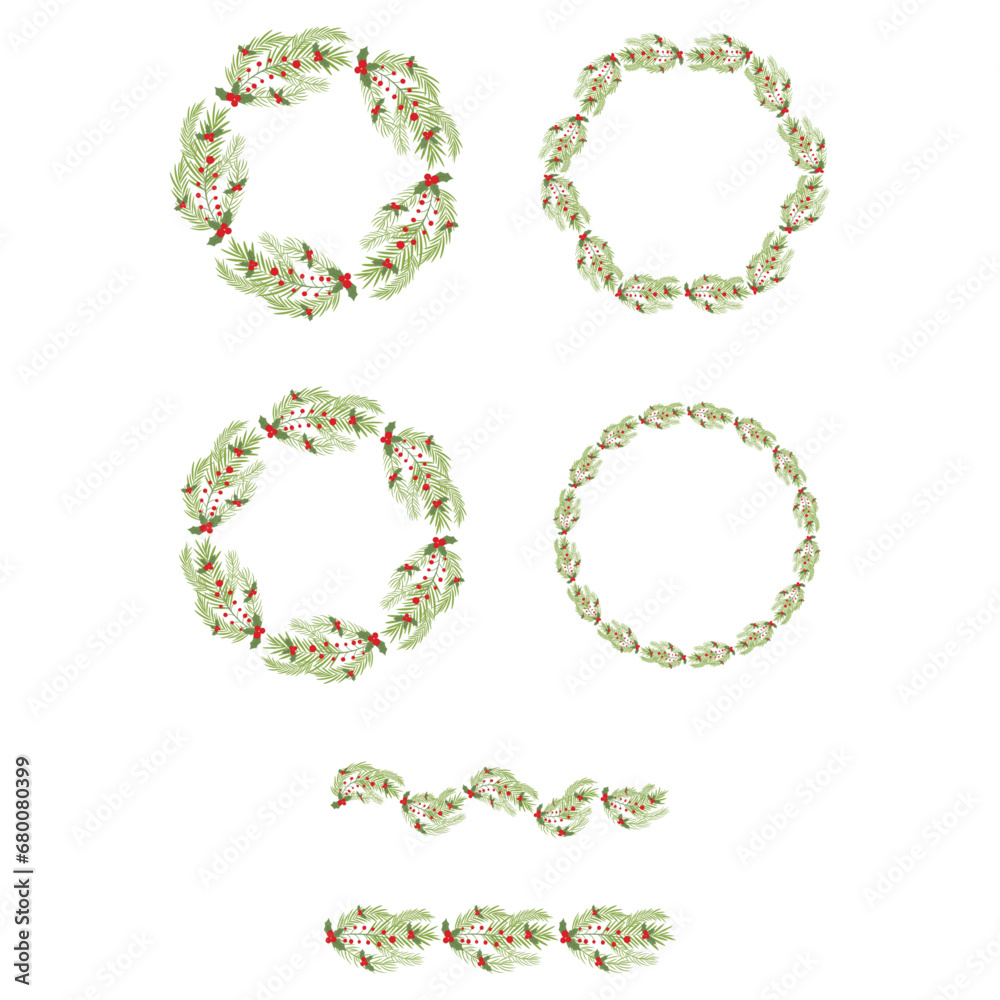 Set of Christmas wreaths, frames with pine branches, mistletoe, berries
