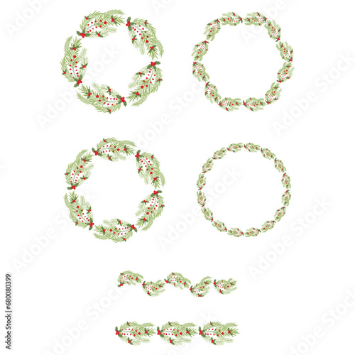 Set of Christmas wreaths, frames with pine branches, mistletoe, berries