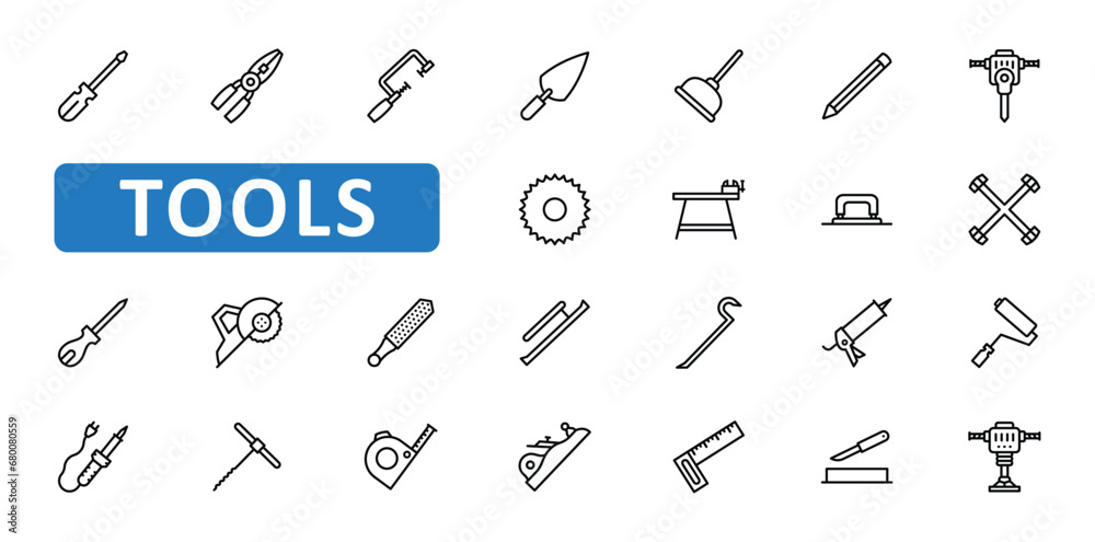 Tools icon set. tool, repair, screwdriver, pliers, clamp, construction, equipment, plunger, jackhammer, blade, saw, icons. Editable stroke thin line outline icon collection. Vector illustration Tools icon set. tool, repair, screwdriver, pliers, clamp, construction, equipment, plunger, jackhammer, blade, saw, icons. Editable stroke thin line outline icon collection. Vector illustration