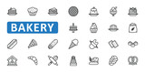 Bakery icon set. dessert, bread, sweet, cake, breakfast, pastry, cookie, tasty, food, pancake, cupcake, croissant, icons. Editable stroke thin line outline icon collection. Vector illustration