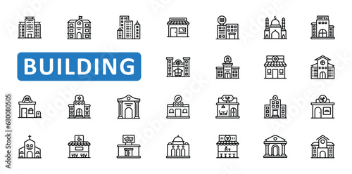 Building Icon set. city, town, residential, property, home, house, bank, landmark, government, monument, museum, icons. Editable stroke thin line outline icon collection. Vector illustration
