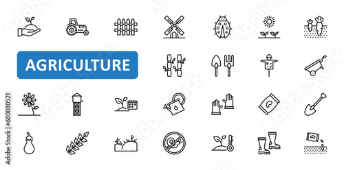 Agriculture icon set. farming, garden, gardening, plant, planting, farm, seed, seeds, sack, season, digging, shovel, icons. Editable stroke thin line outline icon collection. Vector illustration