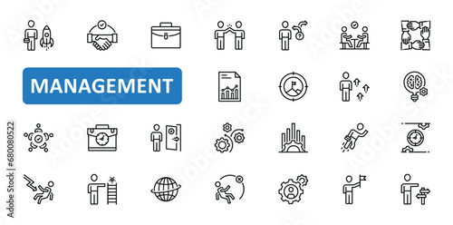 Management icon set. business, team, teamwork, working, meeting, discussion, cooperation, collaboration, administration, icons. Editable stroke thin line outline icon collection. Vector illustration