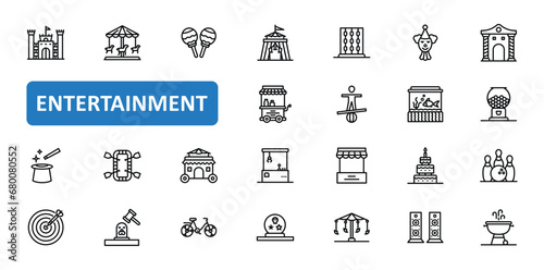 Entertainment icon set. circus, festival, carnival, entertainment, park, amusement, carousel, castle, kingdom, joker, icons. Editable stroke thin line outline icon collection. Vector illustration