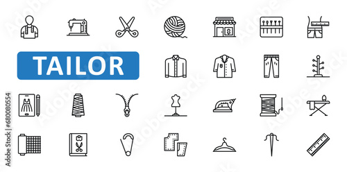 Tailor icon set. tailoring, sewing, knitting, stitching, iron, steam, ironing, knit, needle, laundry, waist, body, icons. Editable stroke thin line outline icon collection. Vector illustration