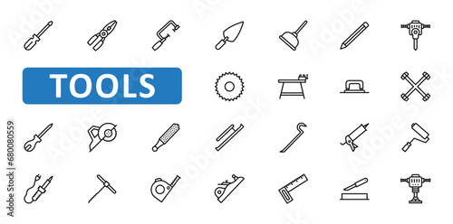 Tools icon set. tool, repair, screwdriver, pliers, clamp, construction, equipment, plunger, jackhammer, blade, saw, icons. Editable stroke thin line outline icon collection. Vector illustration