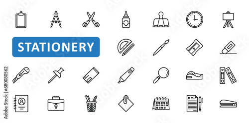 Stationery icon set. office, supply, supplies, pencil, eraser, sharpener, tool, tools, pen, clip, marker, ruler, scissor, icons. Editable stroke thin line outline icon collection. Vector illustration