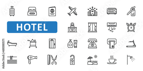 Hotel icon set. accommodation, service, travel, vacation, bedroom, reception, airport, plane, visa, bag, luggage, trip, icons. Editable stroke thin line outline icon collection. Vector illustration