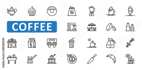 Coffee icon set. cappuccino, drink, cup, hot, espresso, beverage, cafe, tea, breakfast, morning, bean, beans, cafeteria, icons. Editable stroke thin line outline icon collection. Vector illustration