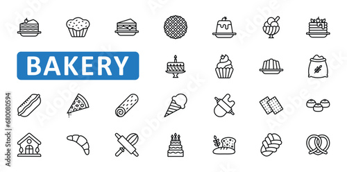 Bakery icon set. dessert, bread, sweet, cake, breakfast, pastry, cookie, tasty, food, pancake, cupcake, croissant, icons. Editable stroke thin line outline icon collection. Vector illustration