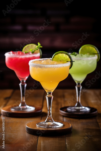Diferentes cocteles de Margarita sobre barra de bar. 