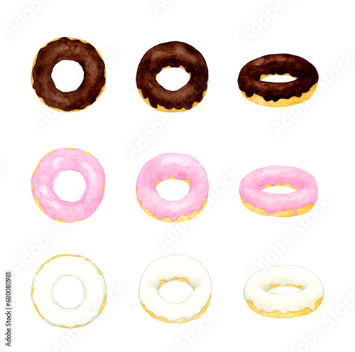 チョコがけドーナツのセット スイーツ・お菓子の手描き水彩イラスト素材集