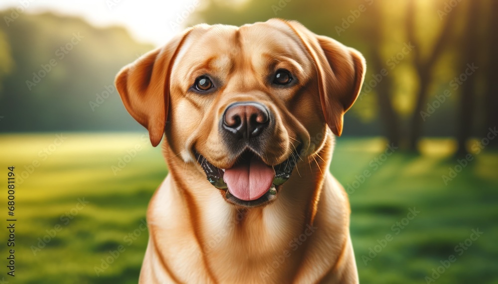 Close-up photograph of a Labrador Retriever (Canis lupus familiaris) in a park, displaying a friendly expression and shiny golden coat.
