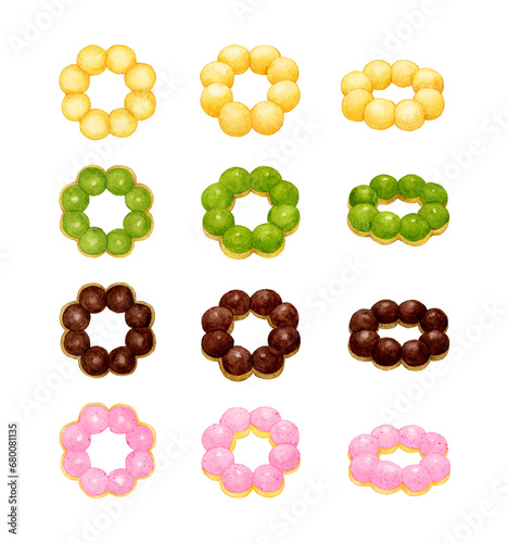 もちもちドーナツのセット スイーツ・お菓子の手描き水彩イラスト素材集 © 一色いっさ