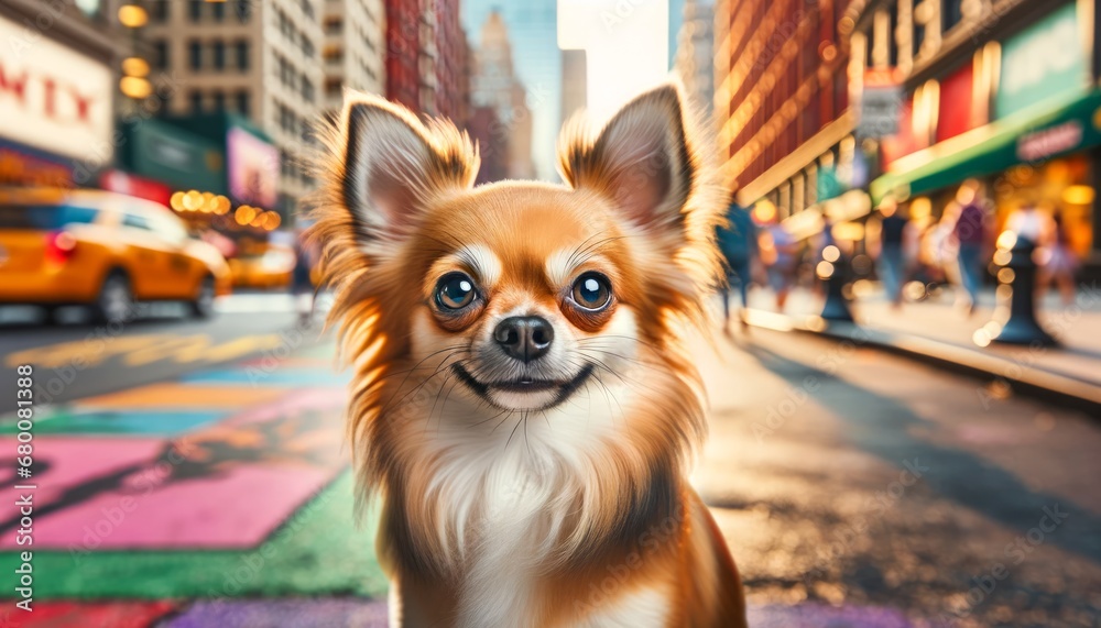 Close-up photograph of a Chihuahua (Canis lupus familiaris) in an urban setting, displaying a small stature and alert expression.
