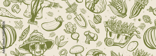 Garden elements seamless pattern. Scarecrow, watering can, garden cart, boots, shovel, secateurs. Old school tattoo style