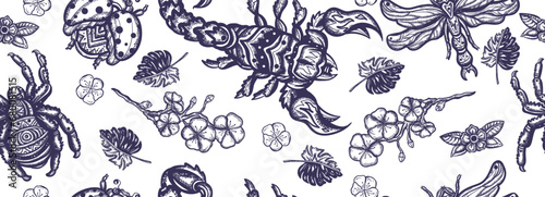 Insects background. Old school tattoo vector seamless pattern. Stag beetle, bee, bumblebee, butterfly, snail, scorpion, ladybug, spider and dragonfly © intueri