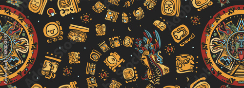 Mayan pattern. Aztec, inca background. Ancient mexican civilization. Old school tattoo style. Golden glyphs, Kukulkan, totem, dragon, indian
