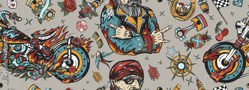 Bearded biker man, burning chopper motorcycle, rider moto sport art. Racers background. Bikers lifestyle seamless pattern. Old school tattoo style
