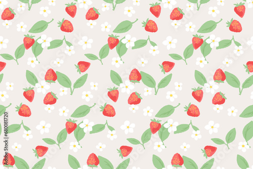Fototapeta Naklejka Na Ścianę i Meble -  Cute simple stylized berries strawberry, flowers, leaves seamless pattern. Vector hand drawn doodle sketch. Pastel doodle cartoon summer fruits print on a light background. Template for design
