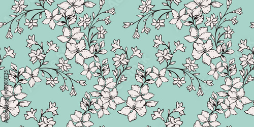 Blooming simple branches flowers in a intertwined seamless pattern. Vector hand drawn sketch. Pastel mint floral print. Template for design
