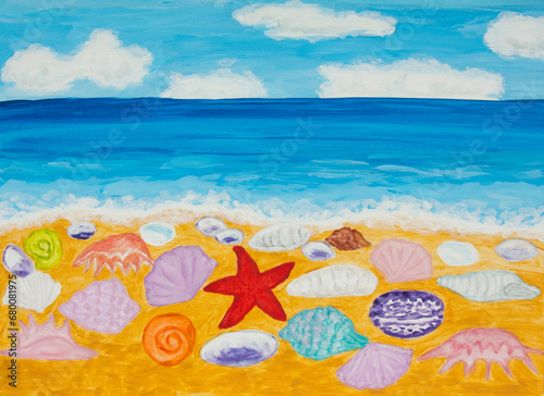 Shells on sea beach acrylic painting on canvas