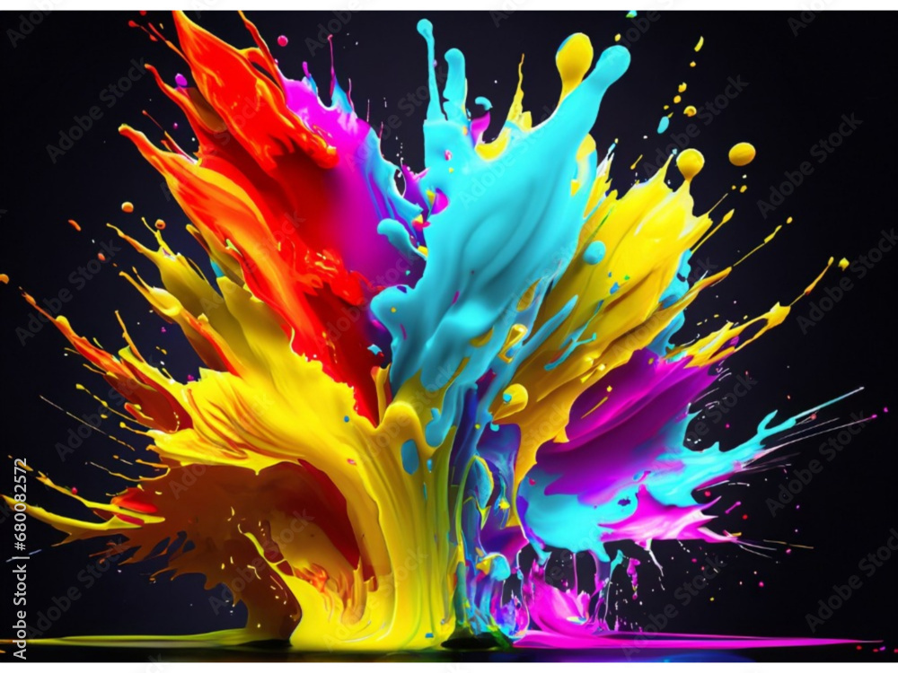 Abstract explosion of colors in paint splashes, isolated on black. Mixed liquid vivid flow, curved dynamic fluid for creative background - obrazy, fototapety, plakaty 