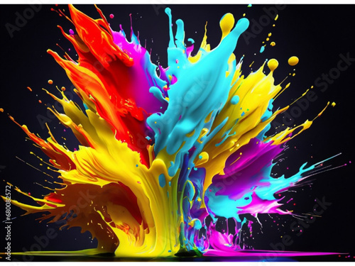 Abstract explosion of colors in paint splashes, isolated on black. Mixed liquid vivid flow, curved dynamic fluid for creative background
