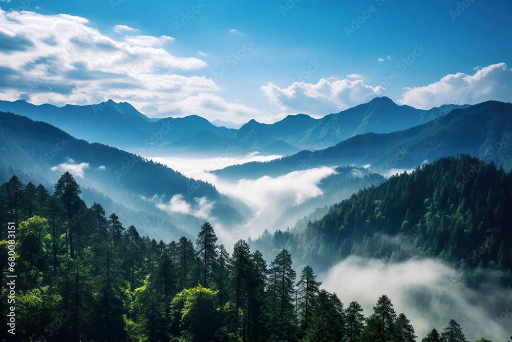 Obraz premium Mountain range with a blue sky. Generative Ai