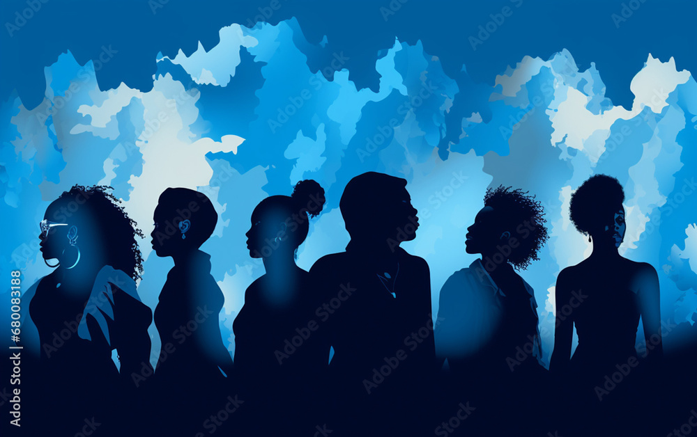 dynamic abstract concept where silhouetted figures form diverse postures, casting shadows on serene blue palette, captures a collective mood and a range of activities. Generative AI.