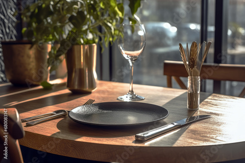 Close up of fork and knife on the table set in background of modern cafe. Lifestyle concept of food and dinner. © cwa