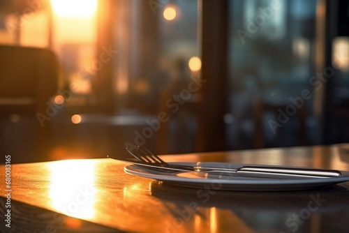 Close up of fork and knife on the table set in background of modern cafe. Lifestyle concept of food and dinner.