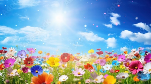 summer meadow with colorful flowers and blue sky with white clouds.