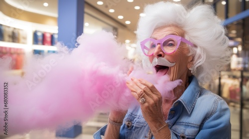 Cheerful senior woman having fun with cotton candy in a shopping mall, Kidult, Baby Boomers generation photo