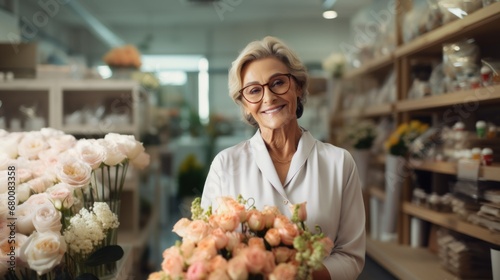 Mature woman manager director boss, business owner, 50, 60, 70 years old in small flower shop, works as florist, makes bouquets. Retirees returning back to work, elderly employees, Unretirement photo