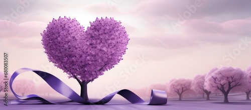 Lavender purple ribbon represents cancer awareness during World Cancer Day and National Cancer Survivors Month symbolized by a heart shaped tree Copy space image Place for adding text or design