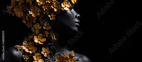 Modern sculpture depicting a female bust symbolizing breast cancer support adorned with golden paper flowers in a dramatic 3D rendering on a black background Copy space image Place for adding t