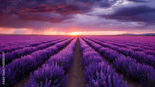 Sunset over lavender field in Valensole  Provence  France.