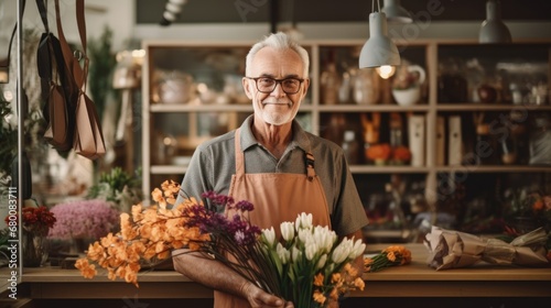 Portrait of a mature man, business owner, 50, 60, 70 years old in a small flower shop, works as a florist, makes bouquets. Concept of retirees returning back to work, elderly employees, Unretirement photo