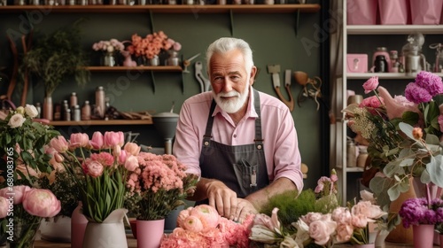Portrait of a mature man, business owner, 50, 60, 70 years old in a small flower shop, works as a florist, makes bouquets. Concept of retirees returning back to work, elderly employees, Unretirement