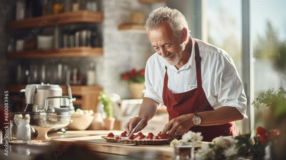 Mature man confectioner, small business owner, 50, 60, 70 years old, making cakes, pastries in home workshop in kitchen. Concept of retirees returning back to work, elderly employees, Unretirement Mature man confectioner, small business owner, 50, 60, 70 years old, making cakes, pastries in home workshop in kitchen. Concept of retirees returning back to work, elderly employees, Unretirement