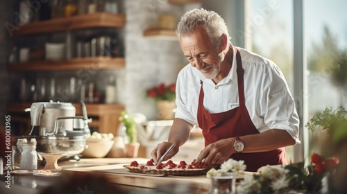 Mature man confectioner, small business owner, 50, 60, 70 years old, making cakes, pastries in home workshop in kitchen. Concept of retirees returning back to work, elderly employees, Unretirement