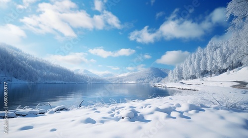 Nature Landscape with a Snow-Covered Lake and Trees, Bathed in the Soft Glow of Daylight
