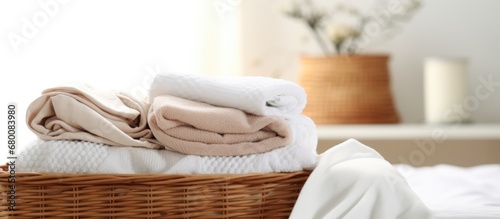 Minimalist clothing organization with neatly folded white towels and laundry in baskets on the bed inspired by the Japanese folding system Copy space image Place for adding text or design photo