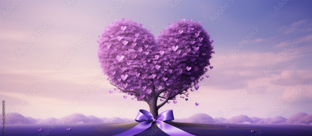 Lavender purple ribbon represents cancer awareness during World Cancer Day and National Cancer Survivors Month symbolized by a heart shaped tree Copy space image Place for adding text or design - obrazy, fototapety, plakaty 