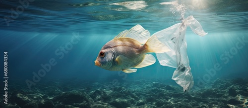 Marine pollution symbolized by fish and plastic bag Copy space image Place for adding text or design