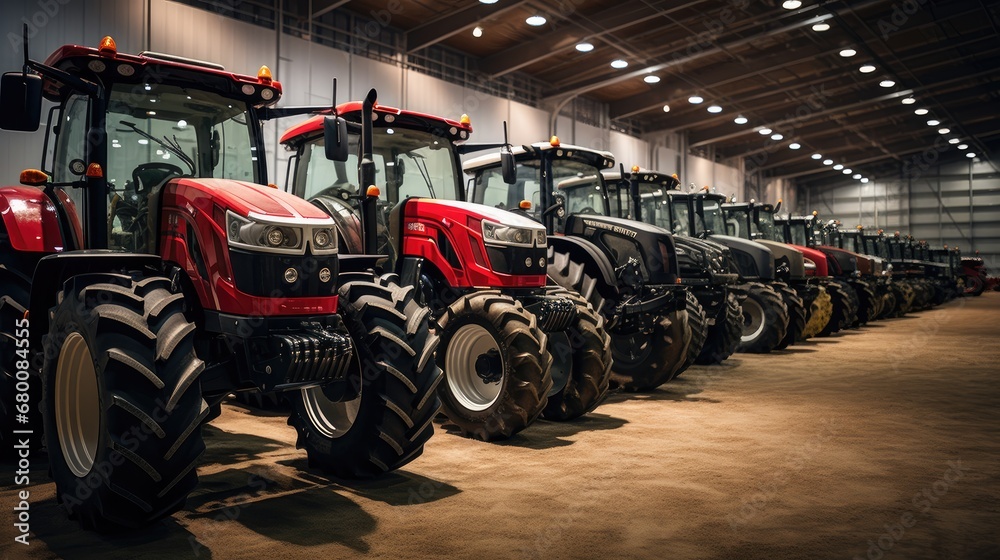 Farming excellence: A captivating image of an exhibition where new tractors are lined up in a precise row, showcasing the latest advancements in agricultural technology. - obrazy, fototapety, plakaty 