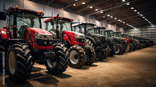 Farming excellence: A captivating image of an exhibition where new tractors are lined up in a precise row, showcasing the latest advancements in agricultural technology. photo