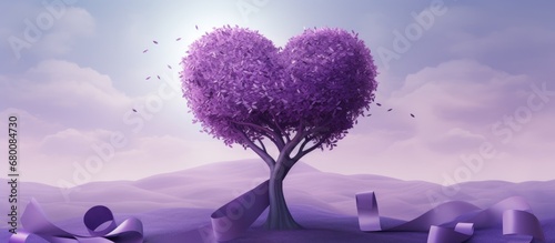 Lavender purple ribbon represents cancer awareness during World Cancer Day and National Cancer Survivors Month symbolized by a heart shaped tree Copy space image Place for adding text or design photo